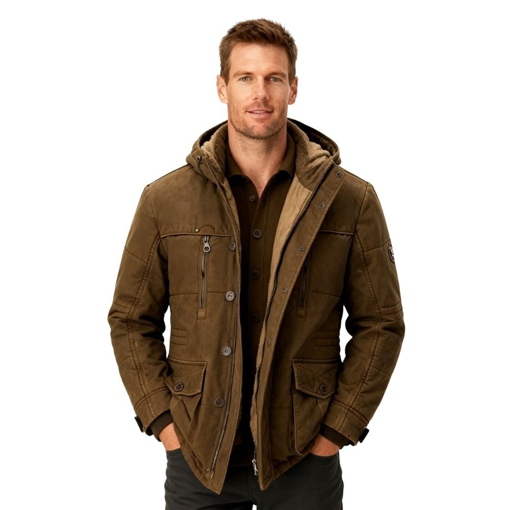 Man wearing a brown kouvr jacket with a hood on a white background