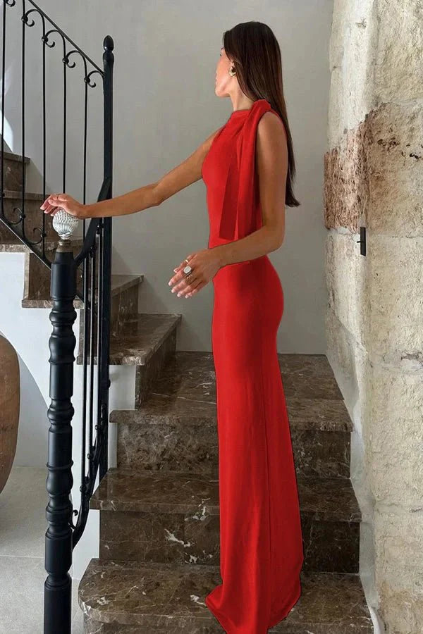 sculpting silhouette," "asymmetrical neckline," "formal gala attire," "floor-sweeping," and "black-tie event