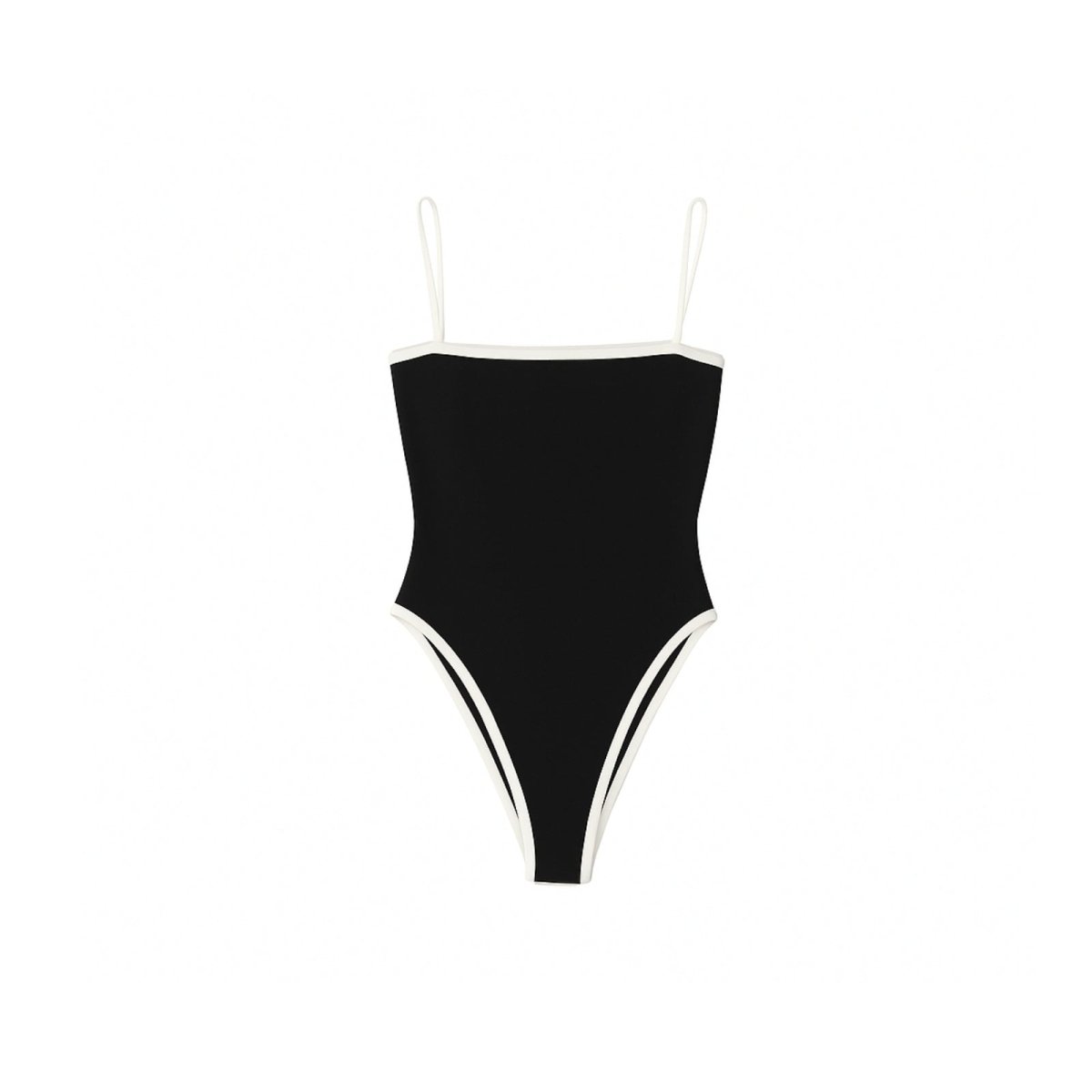 Black Kouvr one-piece swimsuit with thin straps on a white background