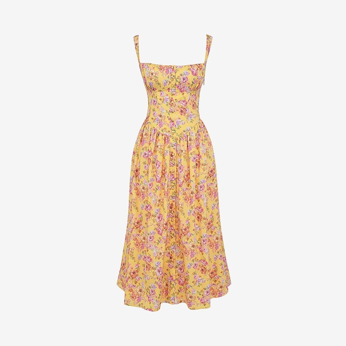 Product-only image of the yellow floral bustier midi dress from Kouvr Fashion, showing the full silhouette and button details.
