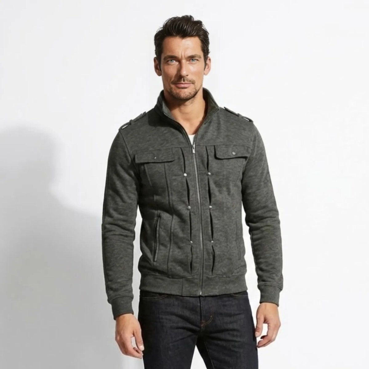 Model wearing the Kouvr Fashion Kent men's military knit jacket in dark grey, front view against a white background.