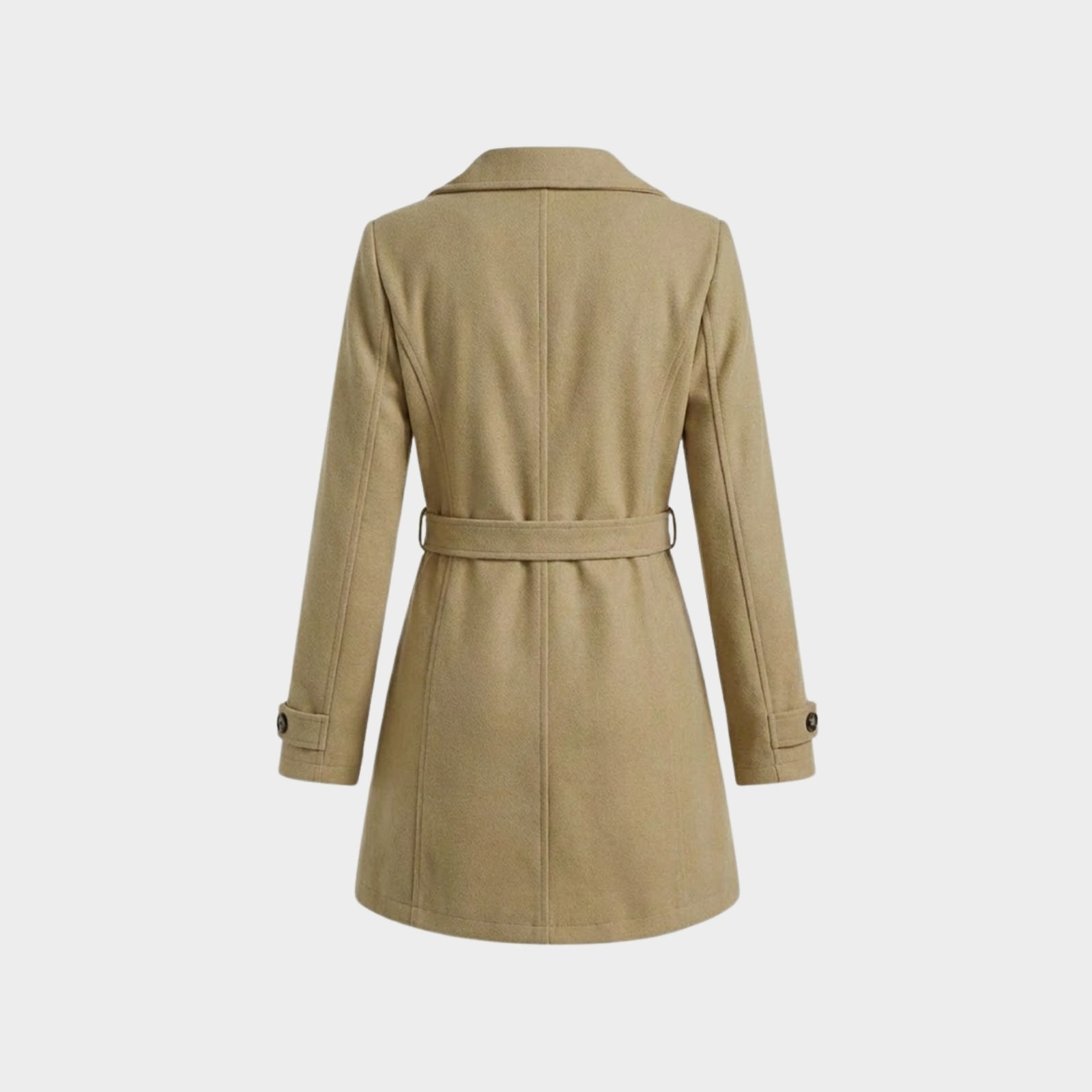 Product flat lay of the back of the Kouvr Fashion khaki wool coat, showing the clean lines and construction of the belt and back panel.