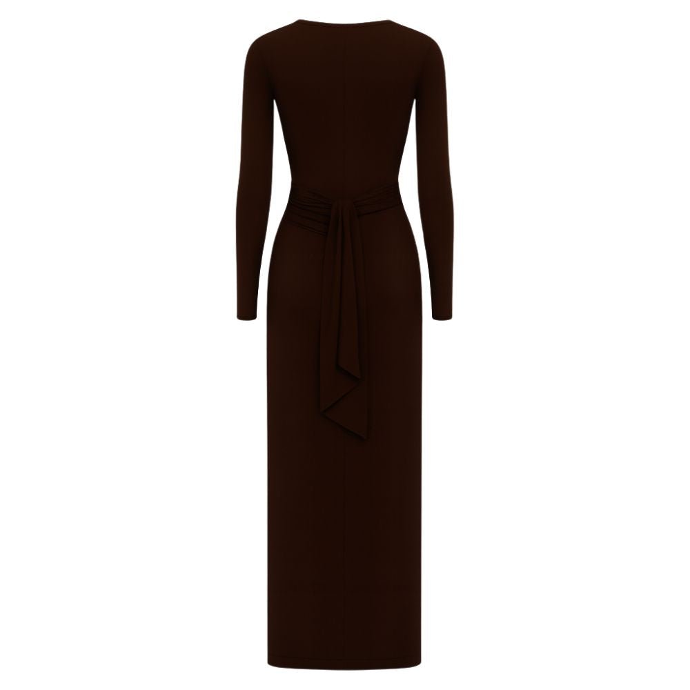Dark Brown kouvr dress with long sleeves on a white background