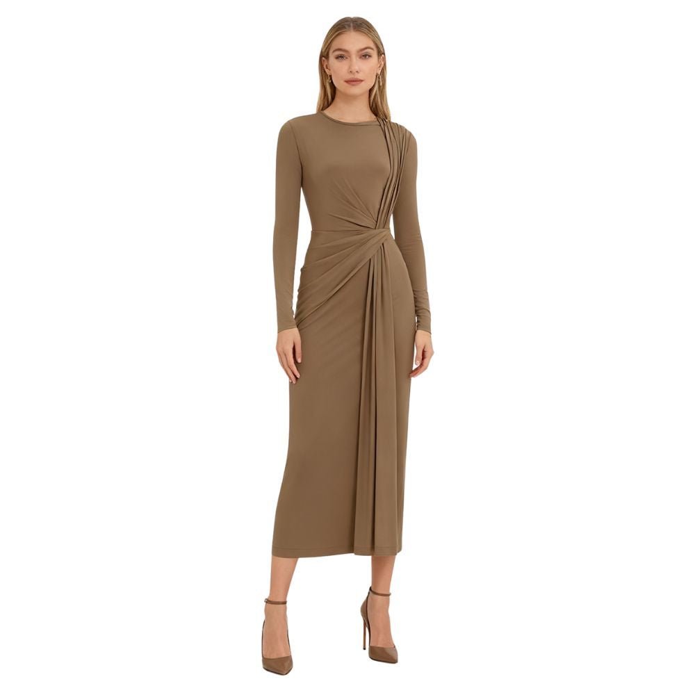 Kouvr Asymmetrical Draped Long Sleeve Dress Front View on Model