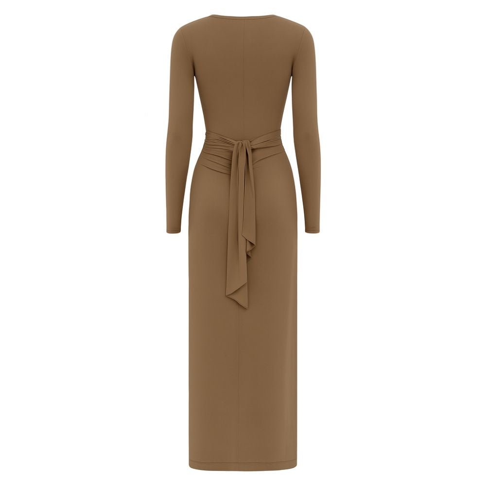 Khaki dress with long sleeves and a tie waist on a white background