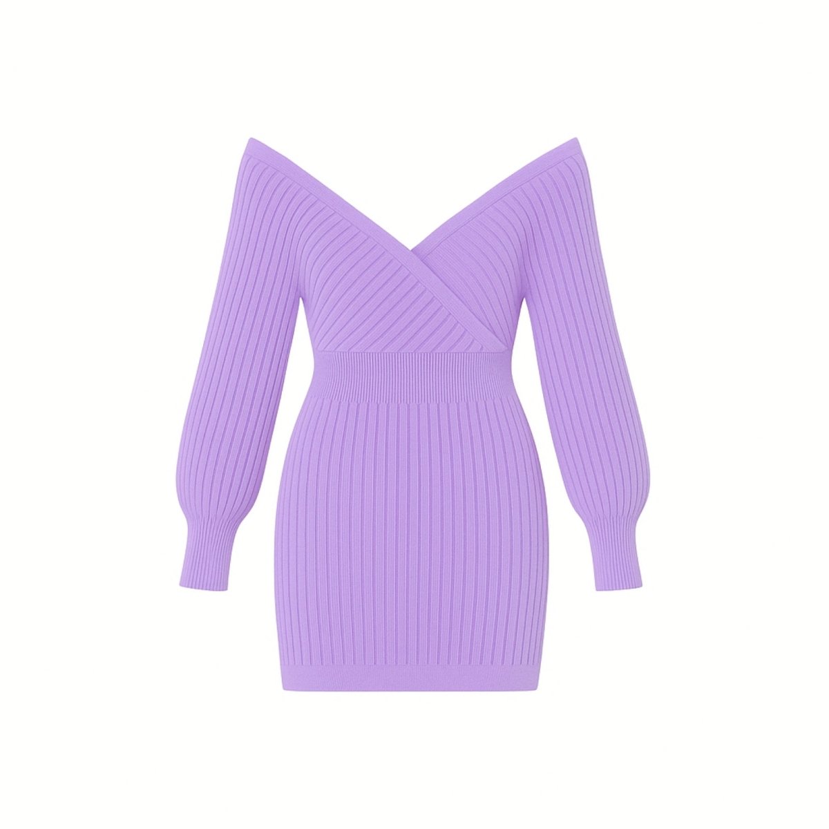 Flat lay product shot of the off-the-shoulder lavender ribbed knit sweater dress, detailing the texture and surplice V-neck construction.