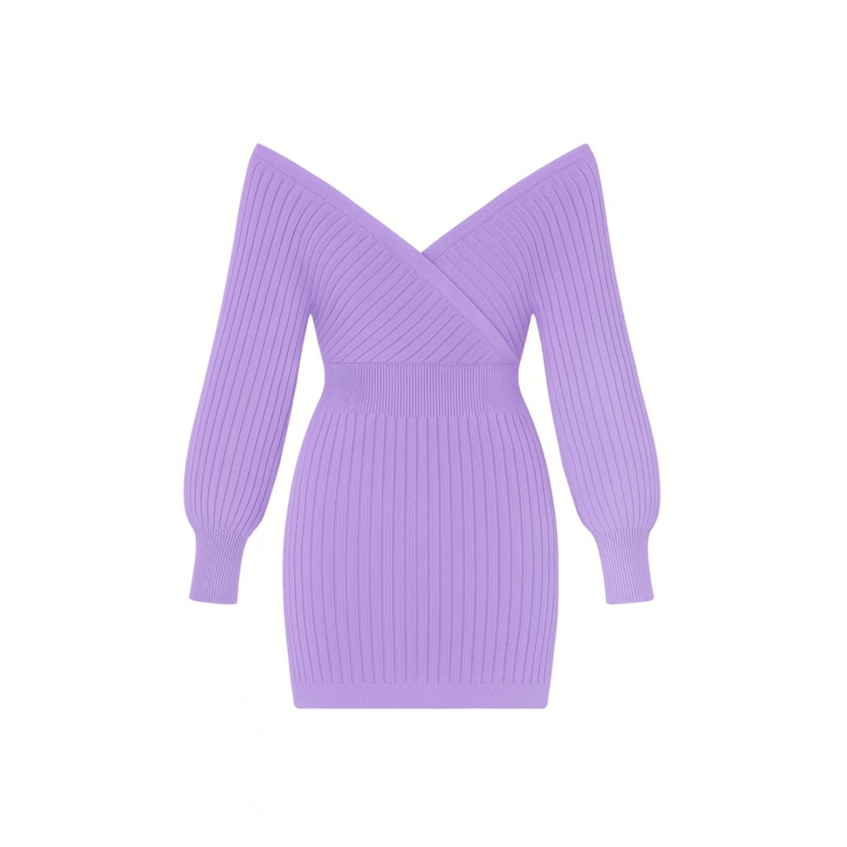 Flat lay product shot of the off-the-shoulder lavender ribbed knit sweater dress, detailing the texture and surplice V-neck construction.