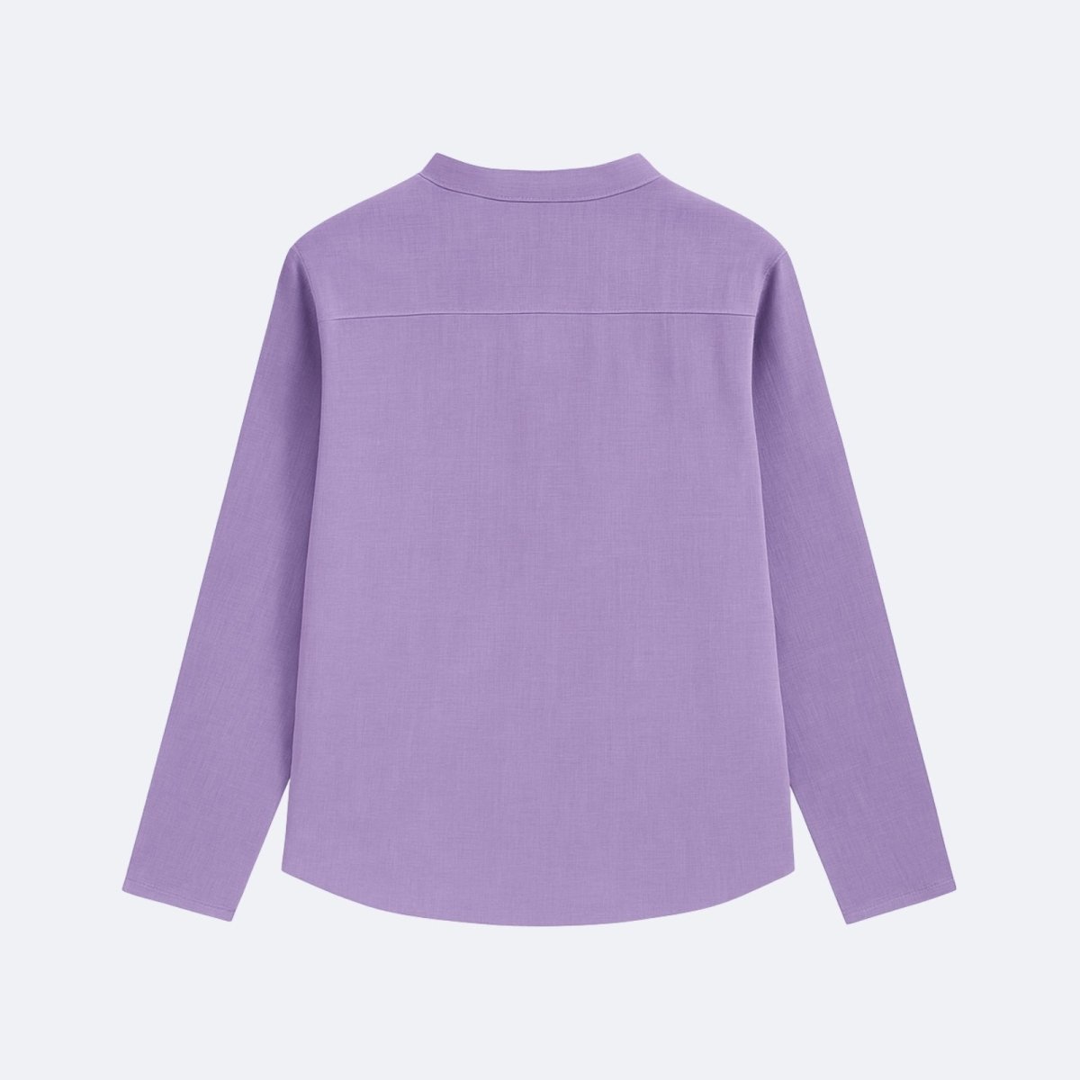 A flat lay of the back of the Kouvr Fashion men's lavender Roby shirt, showing the clean construction and back yoke.