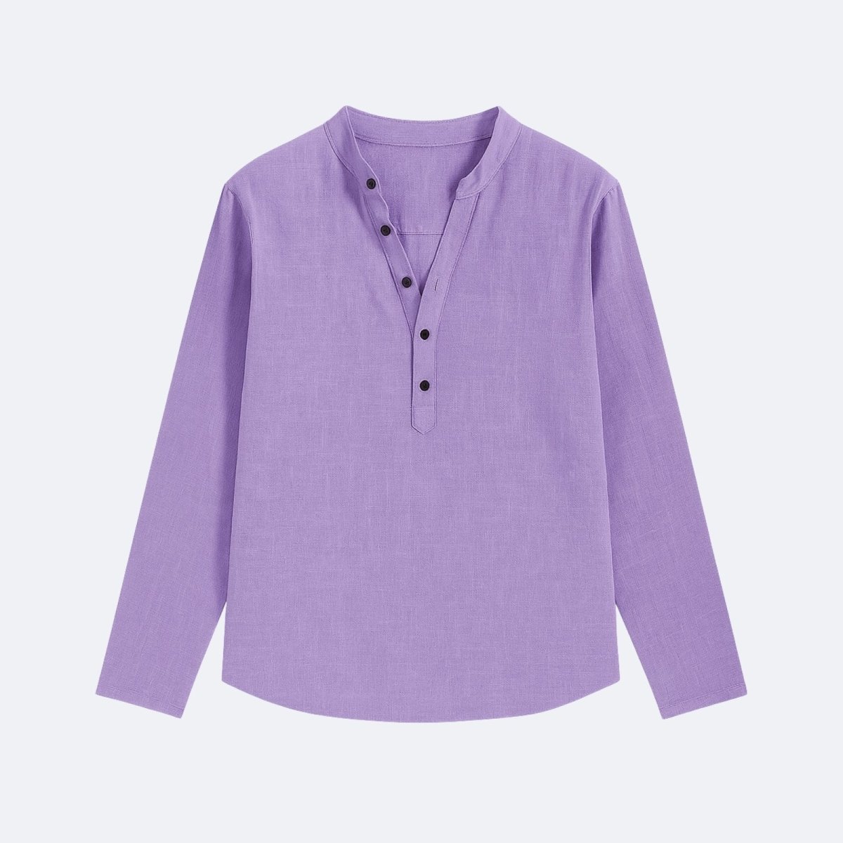 A flat lay product shot of the Kouvr Fashion men's lavender Roby shirt, displaying the band collar, button placket, and linen texture.