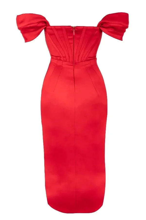 Bardot dress', 'bustier gown', 'crimson satin', 'scarlet cocktail dress