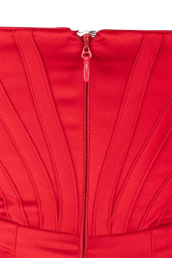 Bardot dress', 'bustier gown', 'crimson satin', 'scarlet cocktail dress