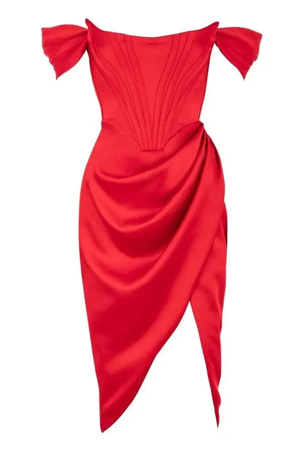 Bardot dress', 'bustier gown', 'crimson satin', 'scarlet cocktail dress