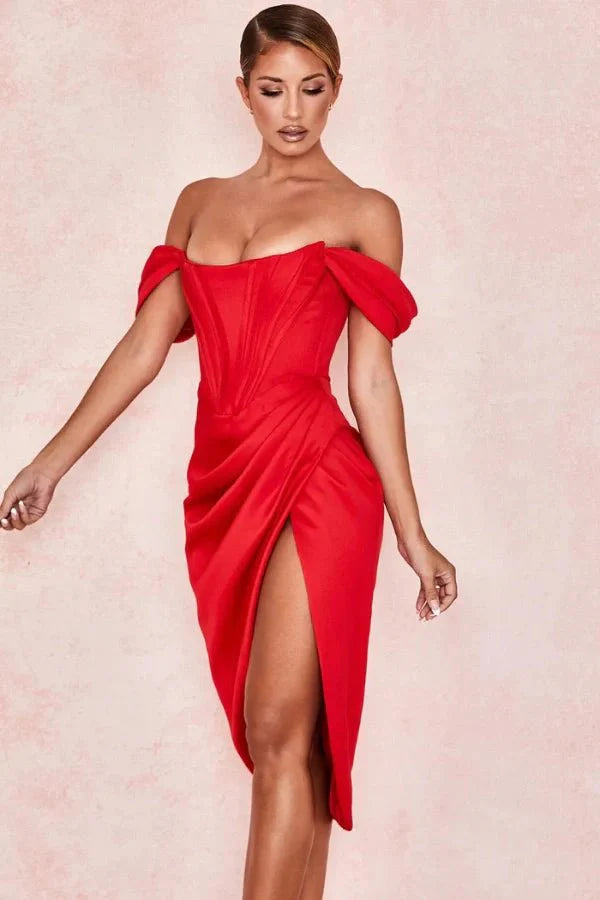 Bardot dress', 'bustier gown', 'crimson satin', 'scarlet cocktail dress