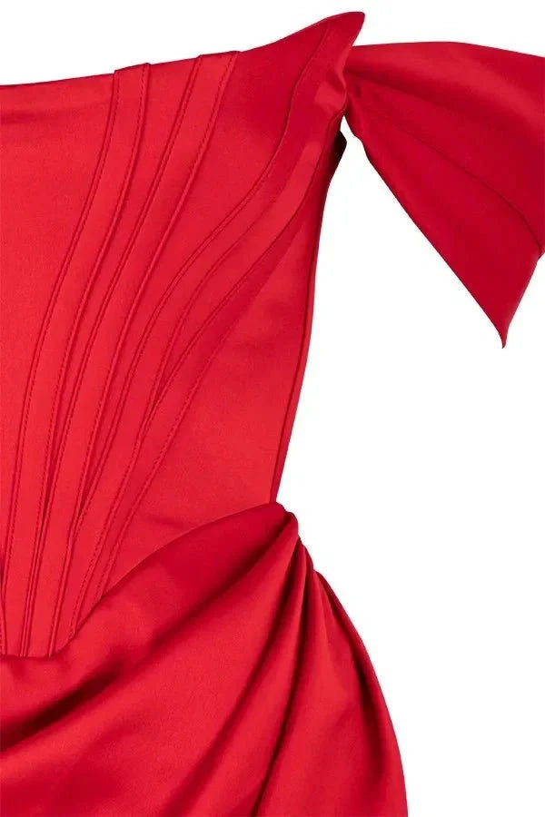 Bardot dress', 'bustier gown', 'crimson satin', 'scarlet cocktail dress