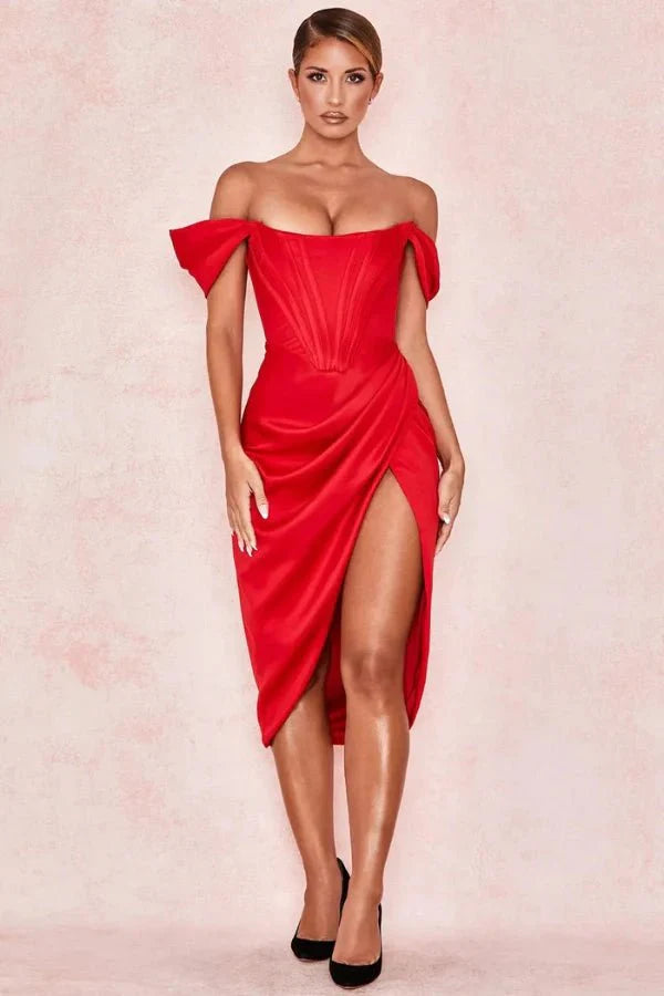 Bardot dress', 'bustier gown', 'crimson satin', 'scarlet cocktail dress