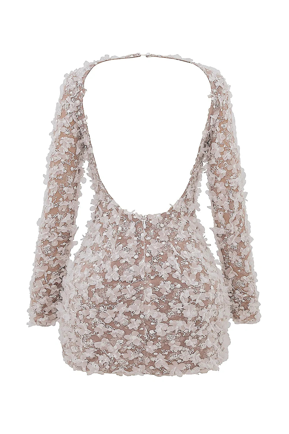 Model wearing Kouvr Fashion white 3D floral appliqué open back mini dress