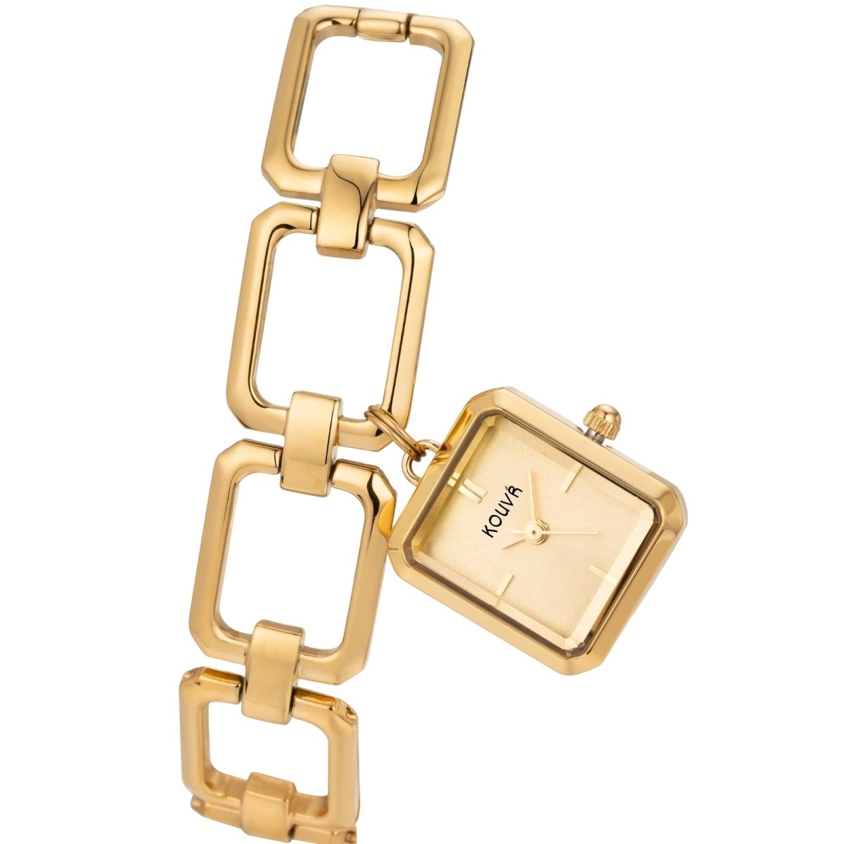 Gold kouvr watch with chain-like strap on a white background