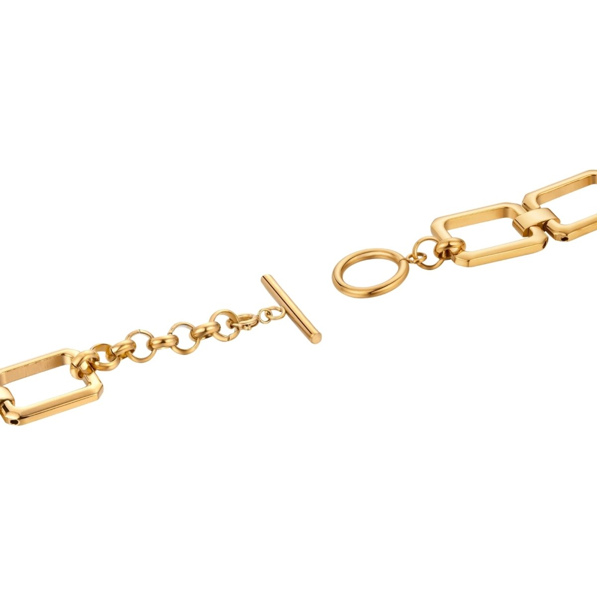 Gold kouvr chain bracelet with a clasp on a white background