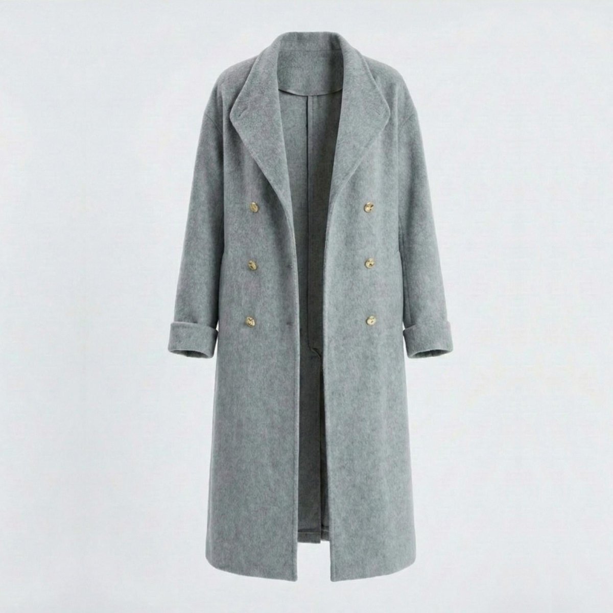 Flat lay product shot of the Kouvr Fashion Maddie grey wool coat, open to display the double-breasted gold buttons and interior.