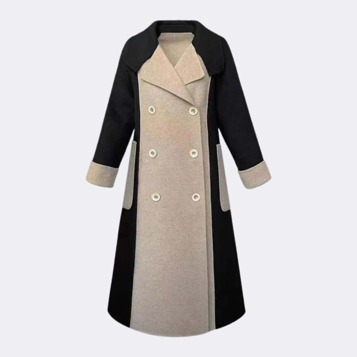 Flat lay of the two-tone double-breasted wool coat showing the full design, color-blocking, and button details.