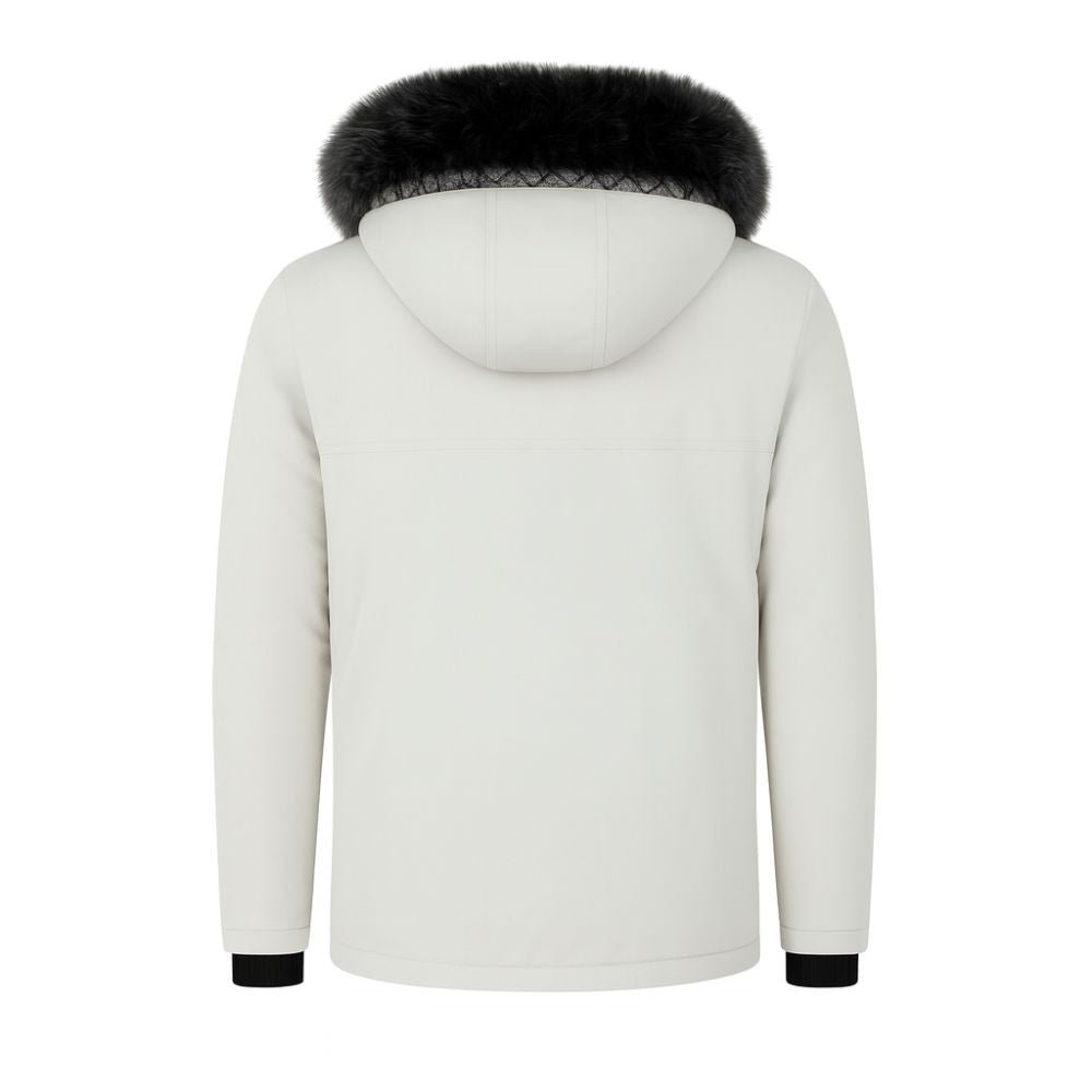 White winter jacket with fur hood on a white background