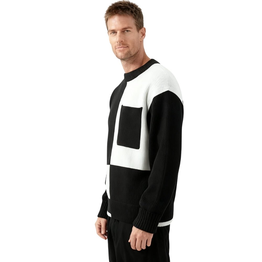 'monochrome,' 'intarsia knit,' 'geometric pattern,' 'heavyweight wool,' and 'statement piece