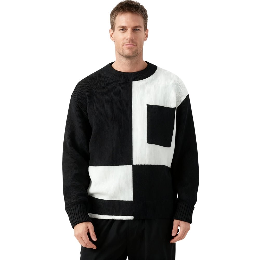 'monochrome,' 'intarsia knit,' 'geometric pattern,' 'heavyweight wool,' and 'statement piece