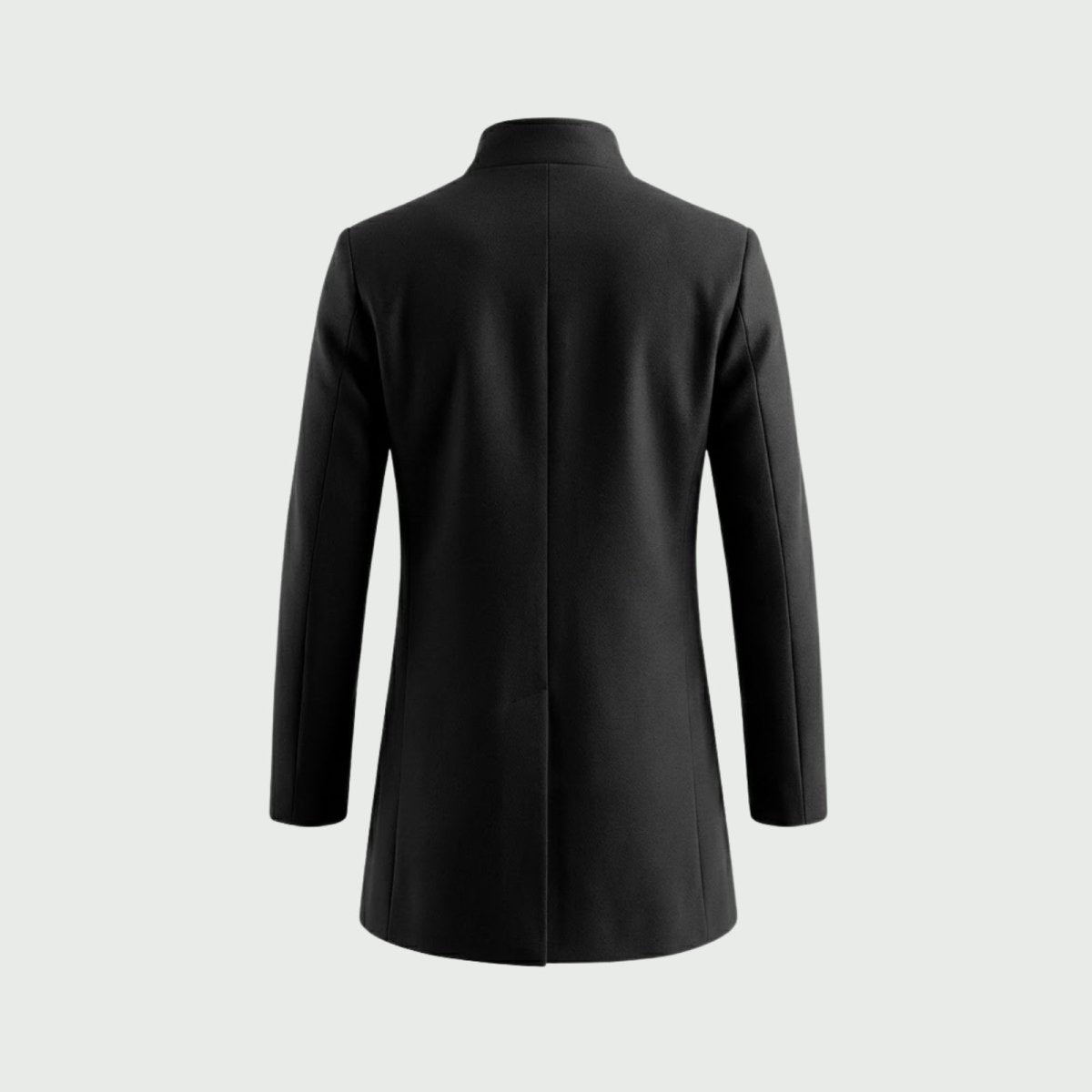 Product-only back view of the Kouvr Fashion men's black stand collar overcoat on a light grey background.