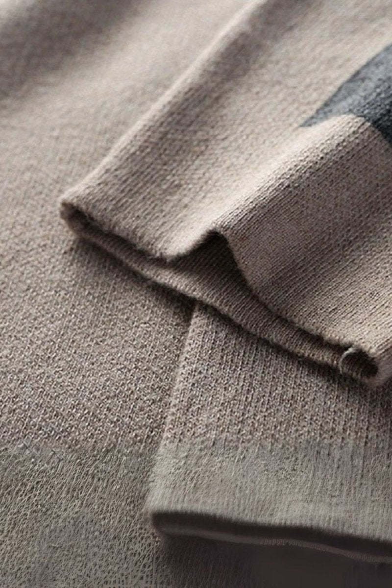 Model wearing Kouvr Fashion Men's Slim Fit Brown and Grey Open Front Cardigan