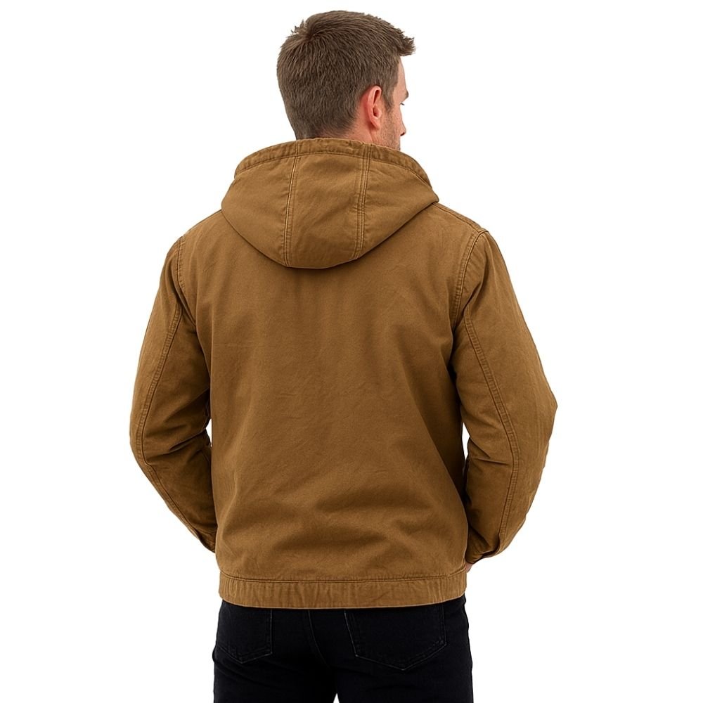 Front view of men's brown hooded canvas utility jacket' and 'Detailed back view of the Kouvr Fashion winter workwear jacket with articulated seams
