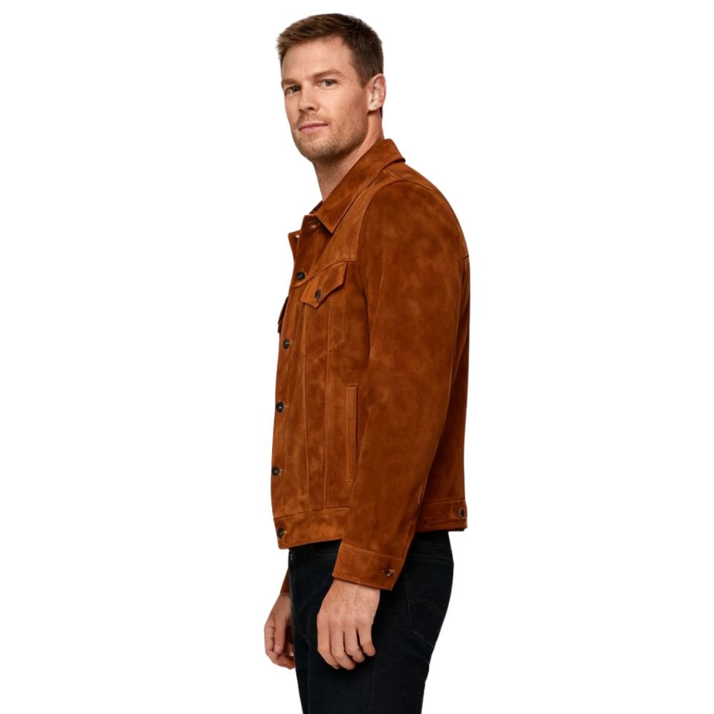 Man wearing a brown kouvr suede jacket on a white background