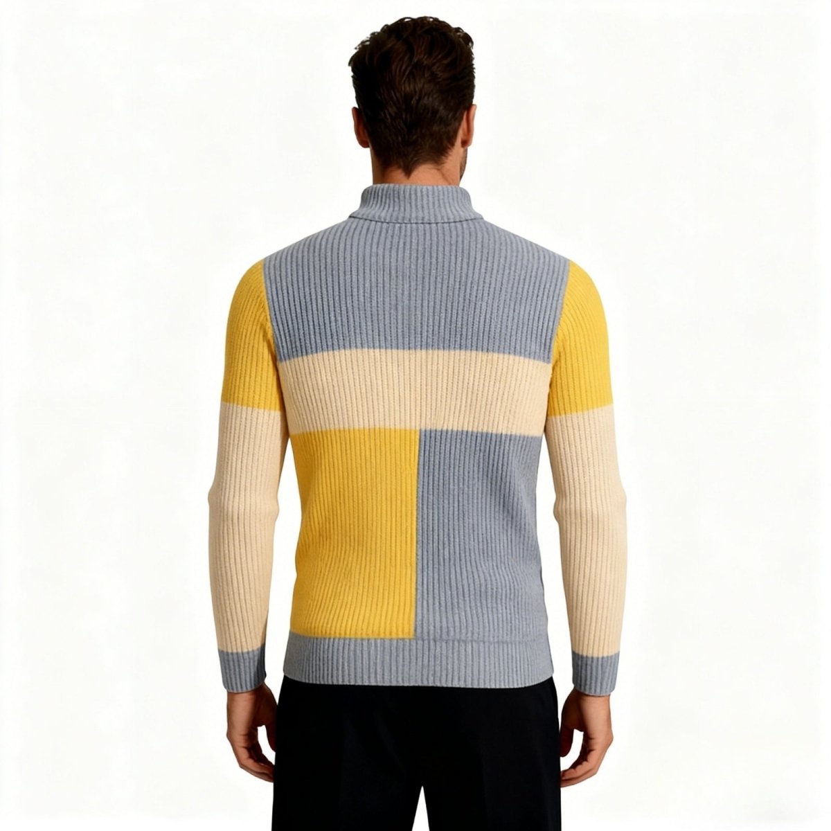 Back view of the Kouvr Fashion men's high neck sweater showing the complete color-block pattern.