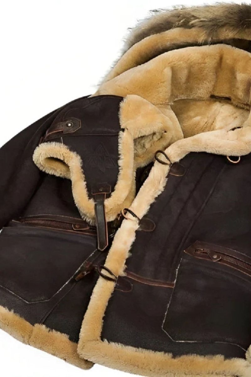 Men's Dark Brown Shearling Sheepskin Jacket with Fur Hood by Kouvr Fashion