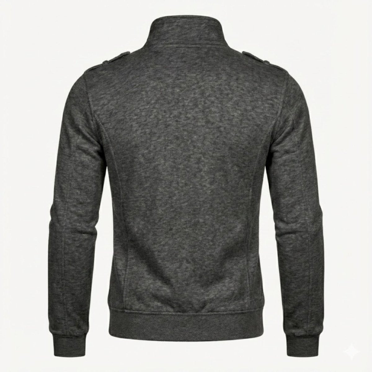 Back view of the Kouvr Fashion men's dark grey heavyweight knit jacket showing epaulet and seam construction.