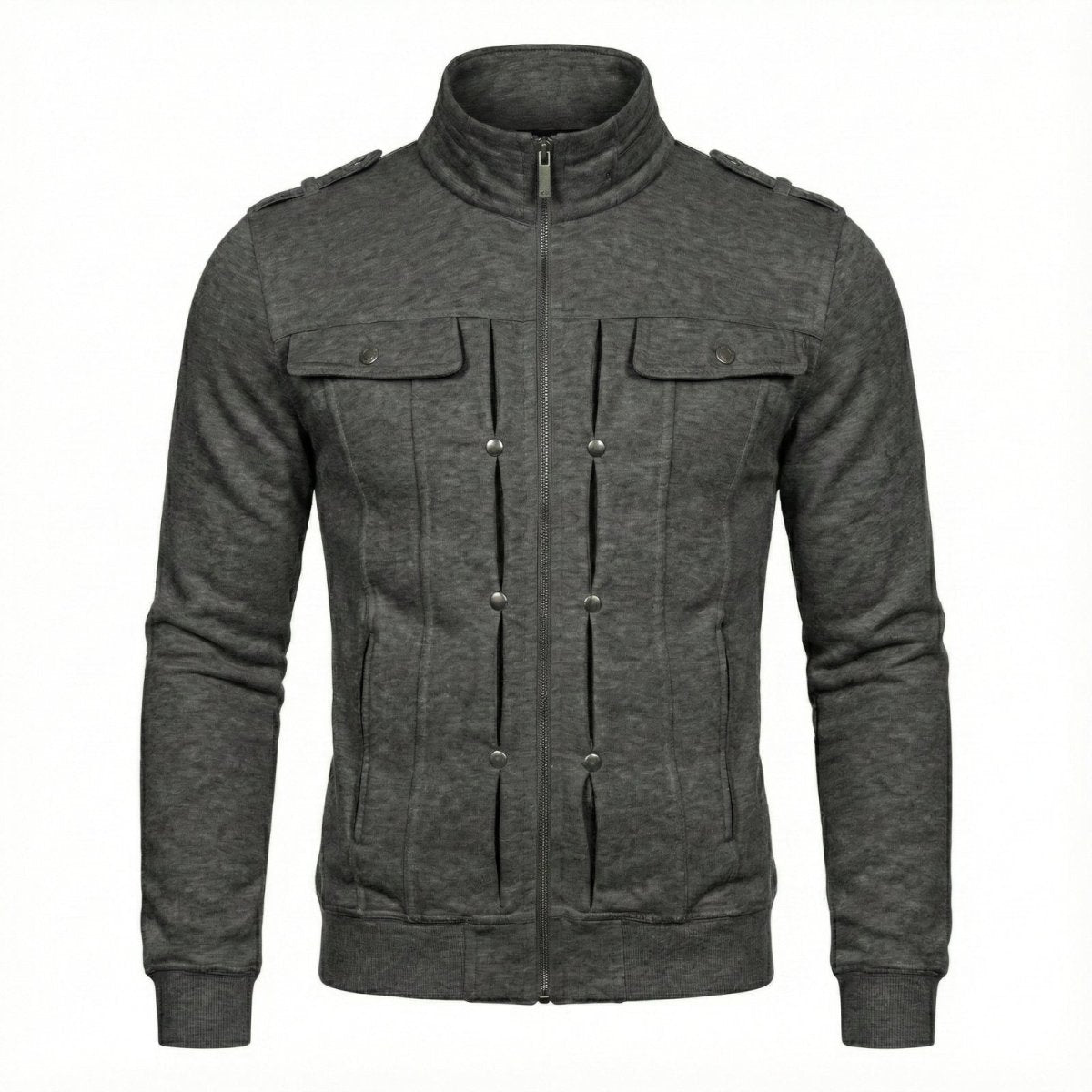High-resolution product shot of the Kouvr Fashion men's dark grey military zip-up jacket with stand collar.