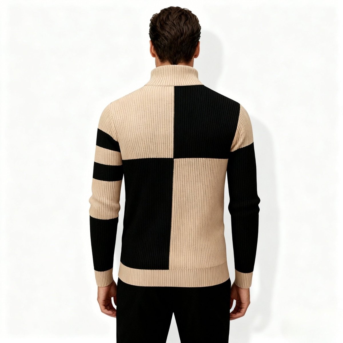 Back view of the Kouvr Fashion men's designer turtleneck sweater showing the unique beige and black color block pattern.