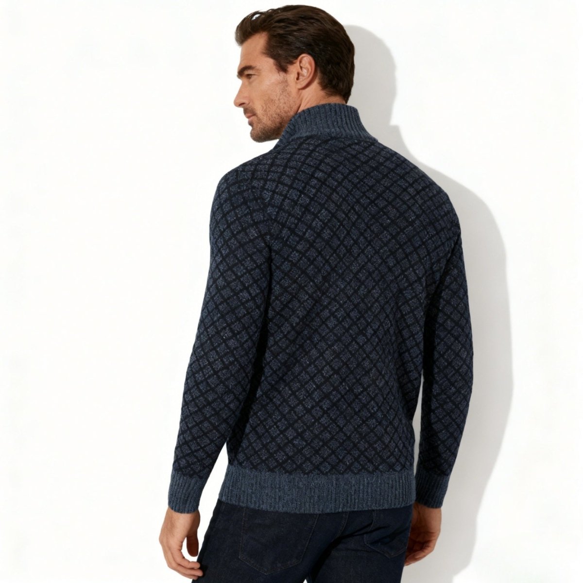 Back view of the Kouvr Fashion men's navy wool blend diamond pattern zip cardigan showing the complete textured pattern. 