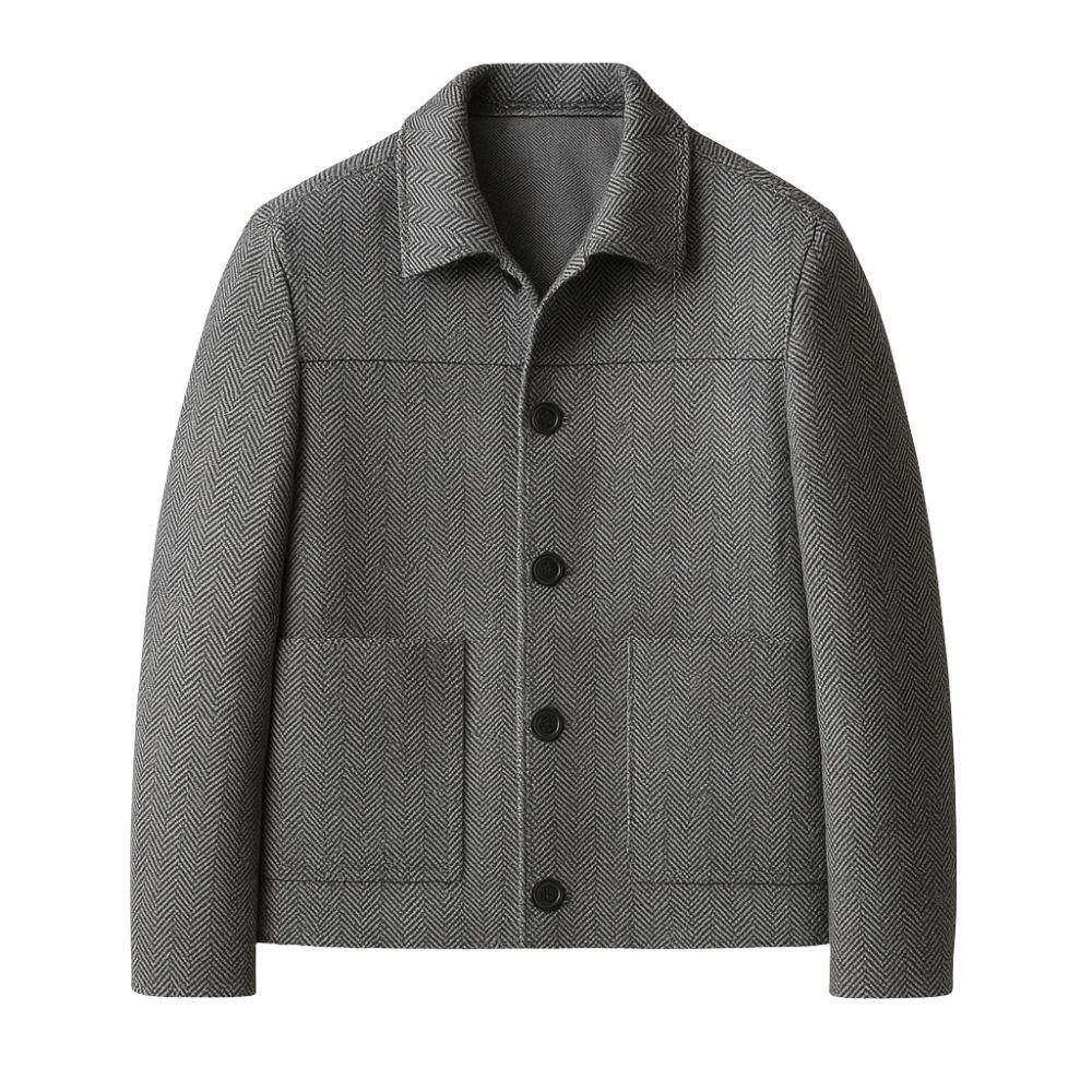 Gray kouvr textured jacket with button details on a white background