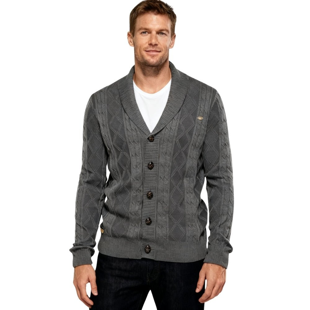 Man wearing a gray kouvr  patterned cardigan on a white background