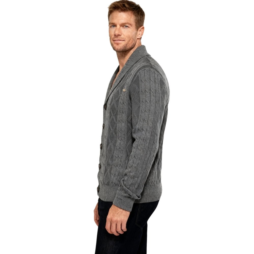 Man wearing a grey Kouvr cable knit cardigan on a white background