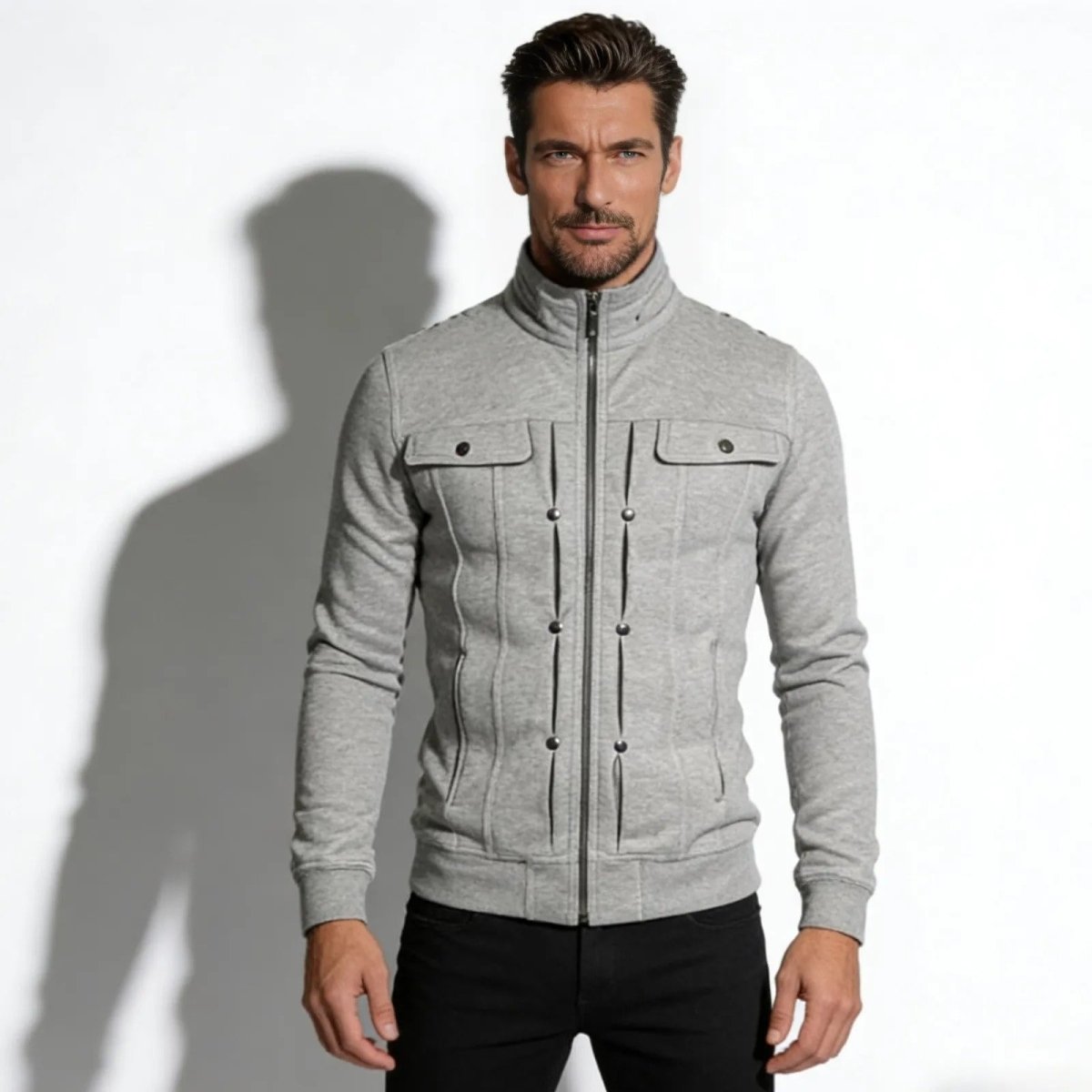 Model wearing the Kouvr Fashion men's slim fit military zip-up jacket in heather grey with funnel neck and chest pockets.