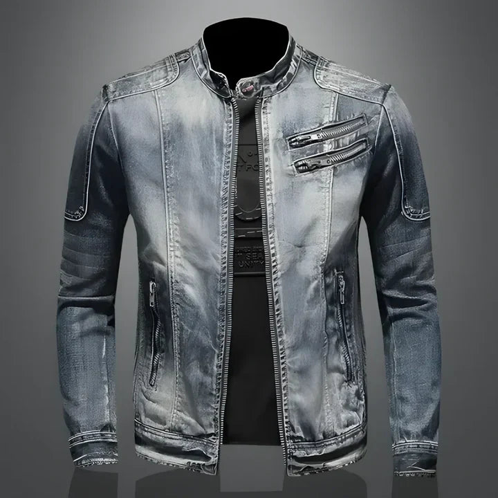 Kouvr Denim jacket with zippers and pockets on a gray background