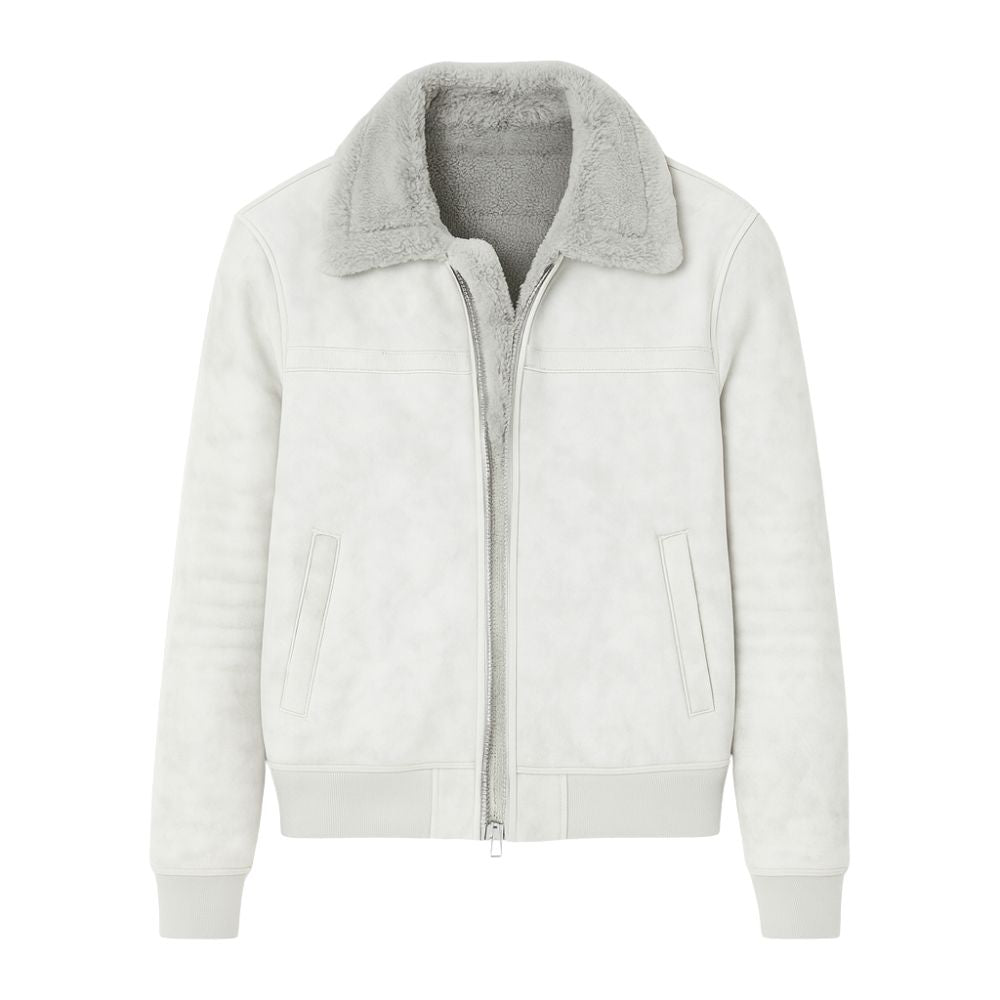 White jacket with gray kouvr fleece collar on a white background