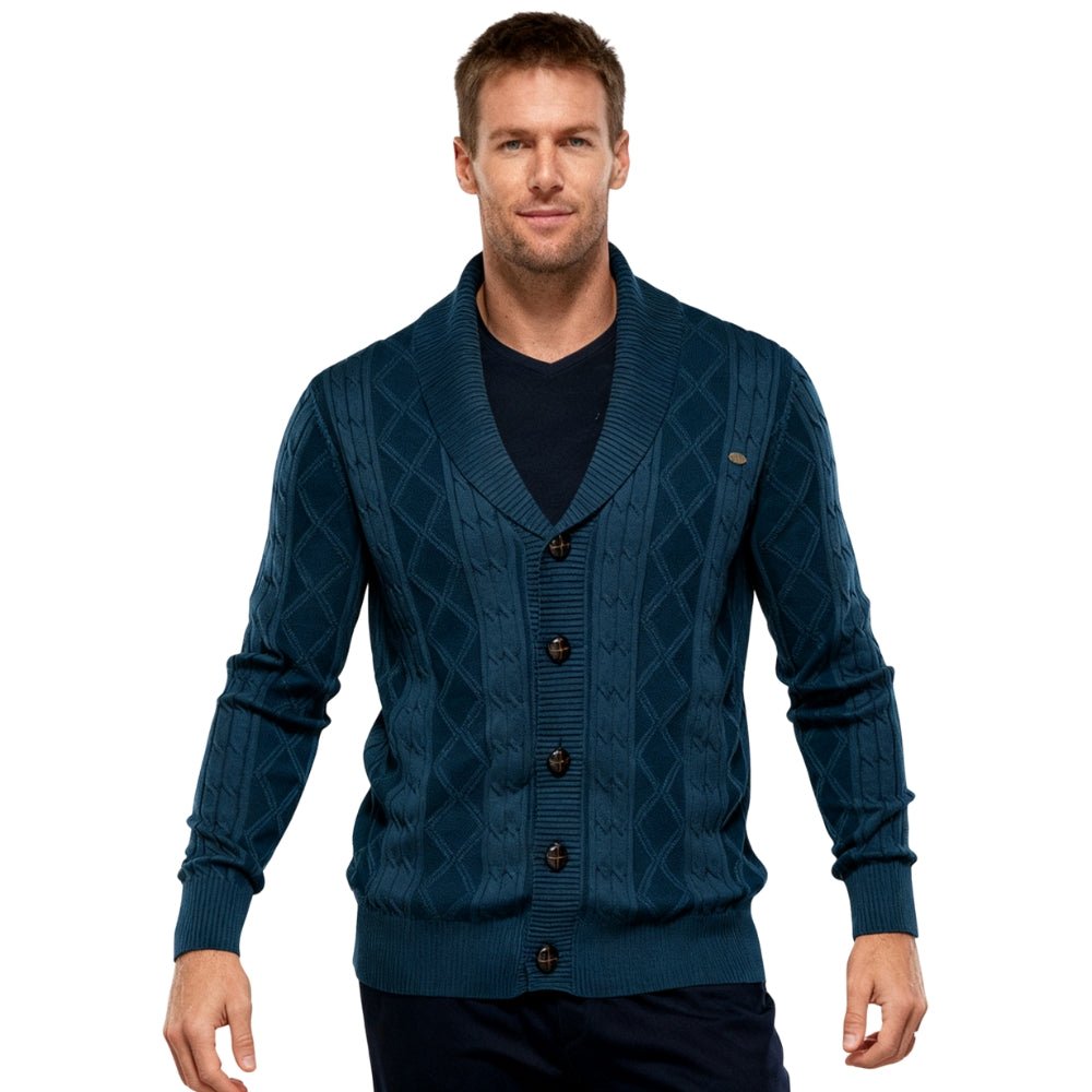 tailored fit," "petrol blue," "Merino-Cashmere," and "diamond pattern