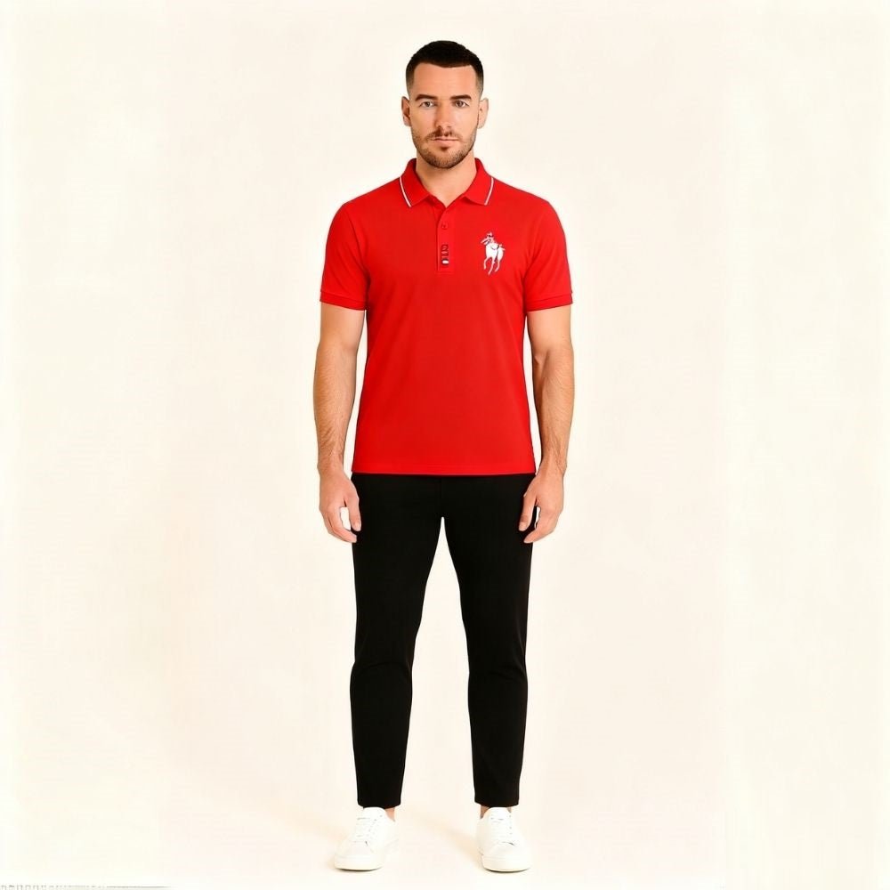Kouvr Fashion Men's Red Slim Fit Luxury Polo Shirt with White Tipped Collar.