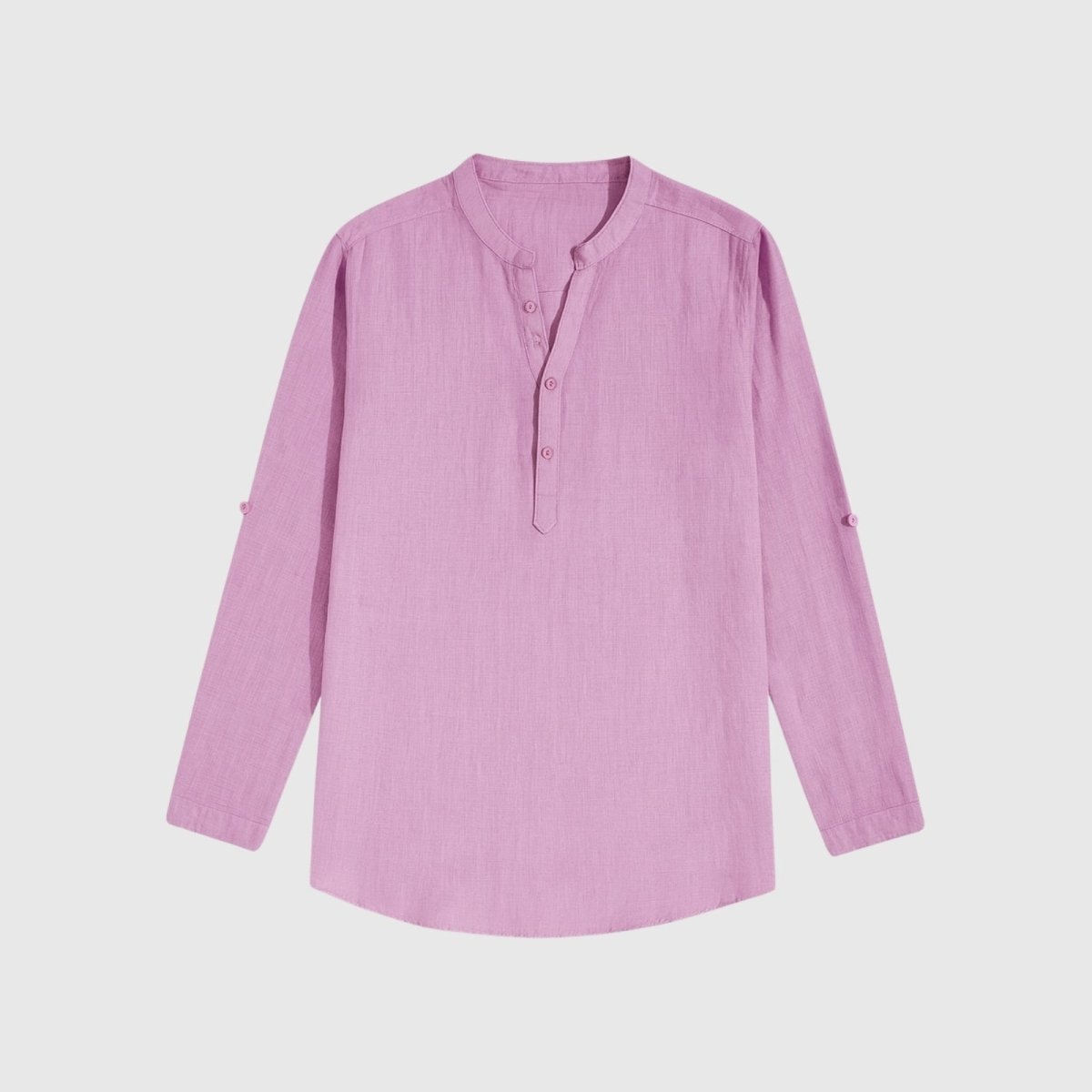 A flat lay product shot of the Kouvr Fashion men's roby band collar shirt, showing the front placket, collar, and fabric texture on a light grey background.