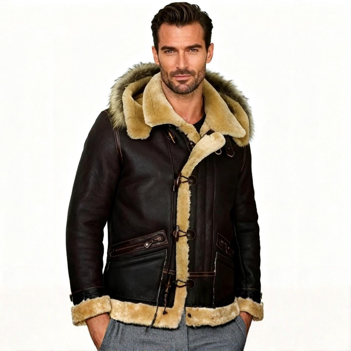 Kouvr Fashion Men's Dark Brown Shearling Sheepskin Duffle Coat with Fur Hood - Front View