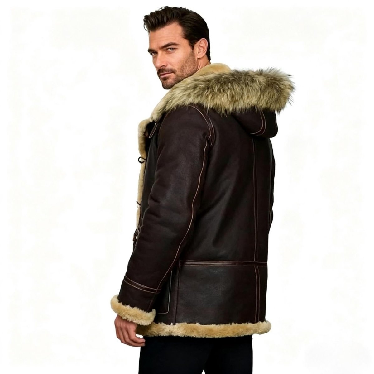 Kouvr Fashion Men's Dark Brown Shearling Sheepskin Duffle Coat with Fur Hood - Side View