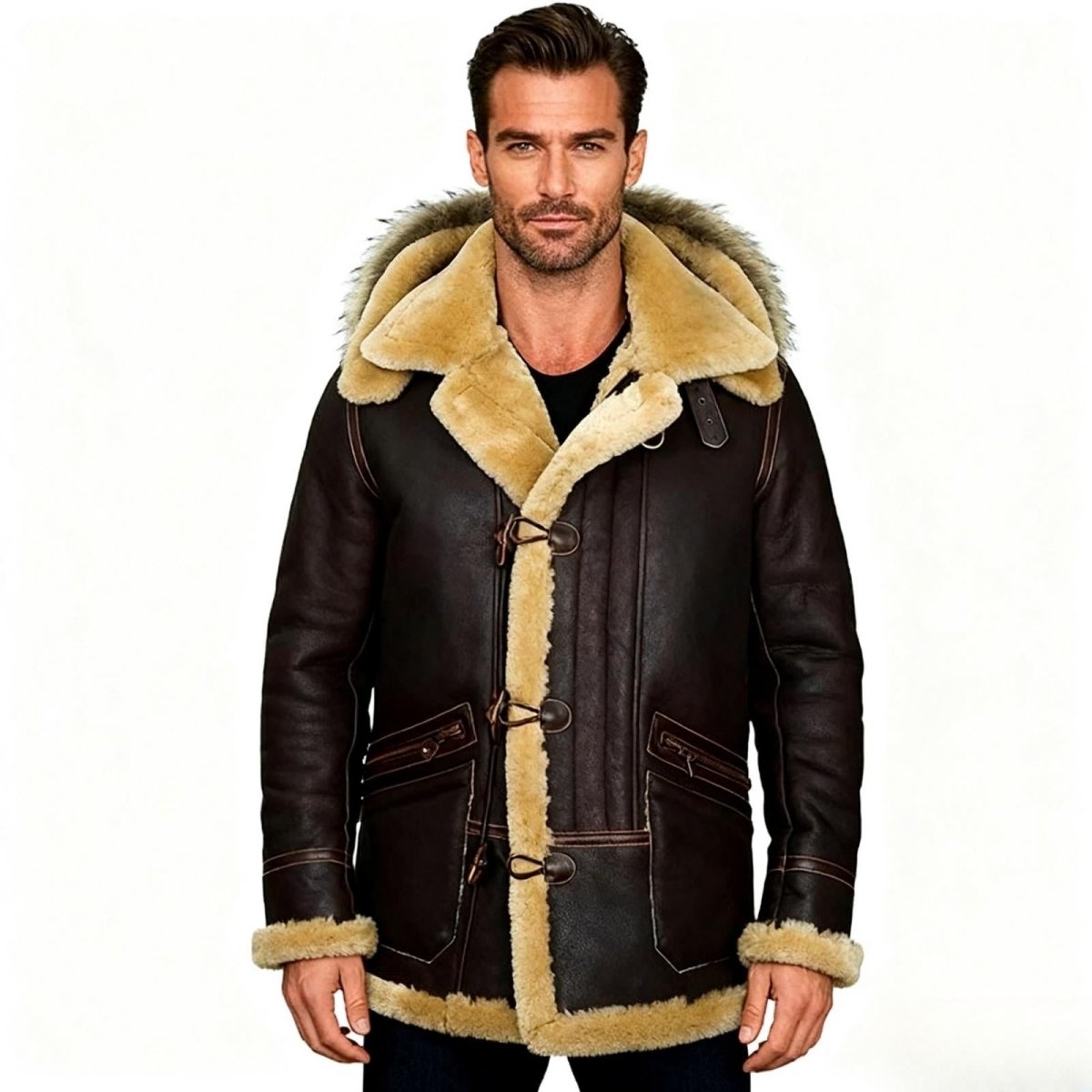 Kouvr Fashion Men's Dark Brown Shearling Sheepskin Duffle Coat with Fur Hood - Front View