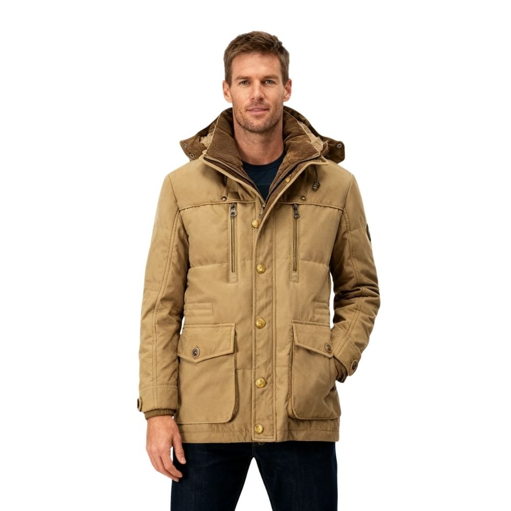 Model wearing the Kouvr Fashion men's sherpa-lined winter parka in khaki, zipped up with a hood, showing front pockets and button details.